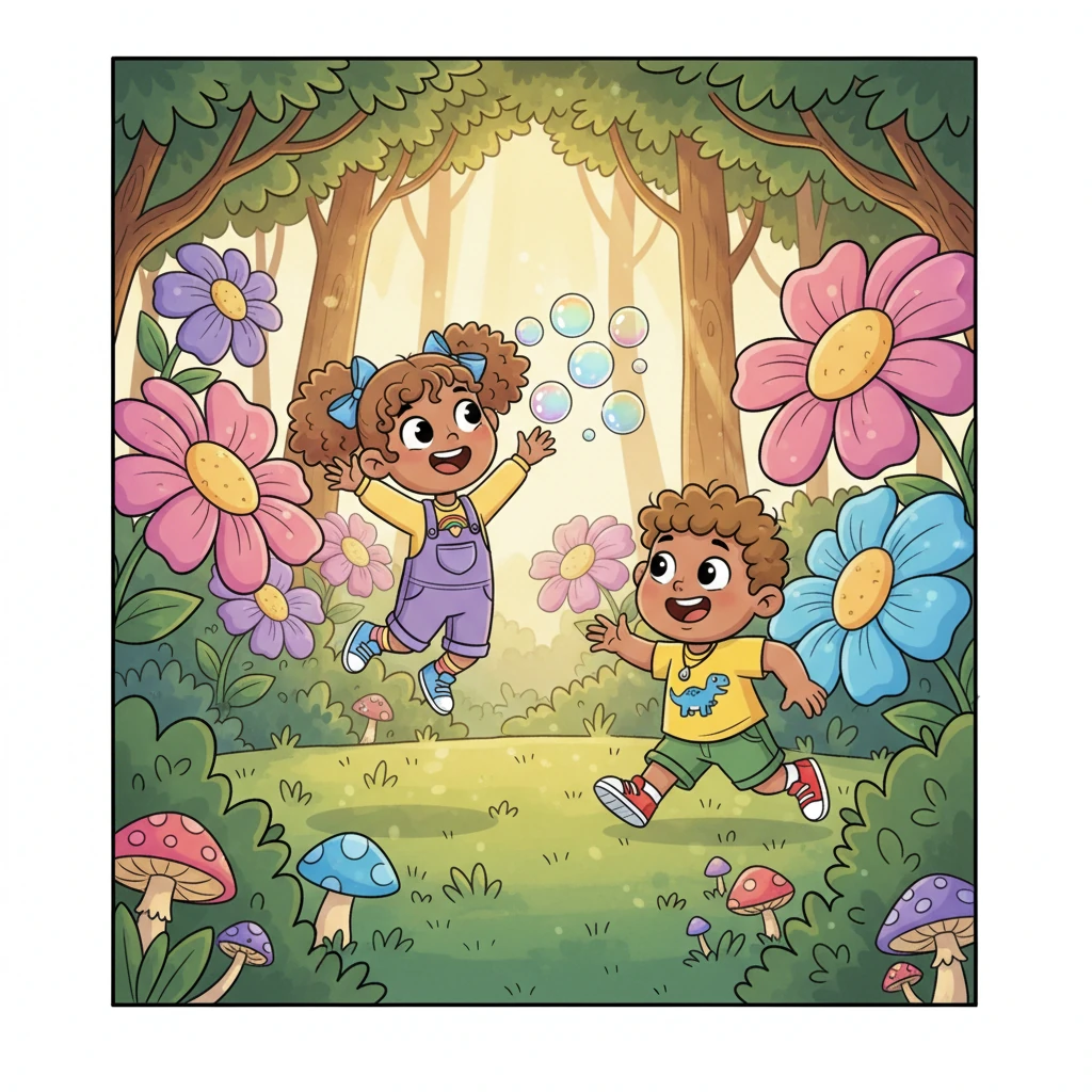 With boundless energy, they raced each other around the clearing, played hide-and-seek among the giant flowers, and even tried to catch the sparkling bubbles. Every jump was higher, every run was faster, and every game was filled with even more joy. It was the most fantastic playtime they had ever imagined.