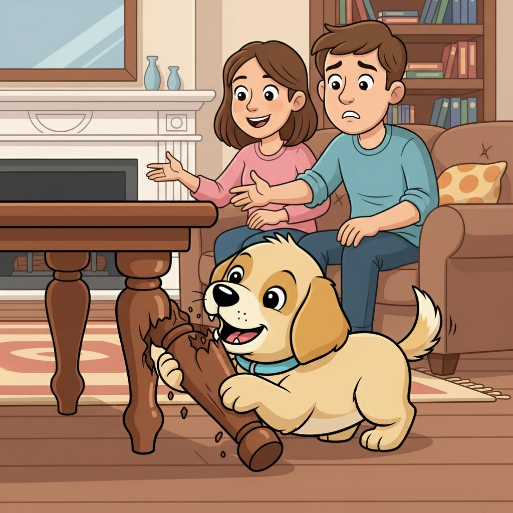 First to catch Harley's attention was a shiny table leg. He gnawed and chomped, enjoying the satisfying texture of the wood. Kathy and Brian watched, their faces a mixture of amusement and concern, as they quickly realized Harley's chewing was more than just puppy teething.