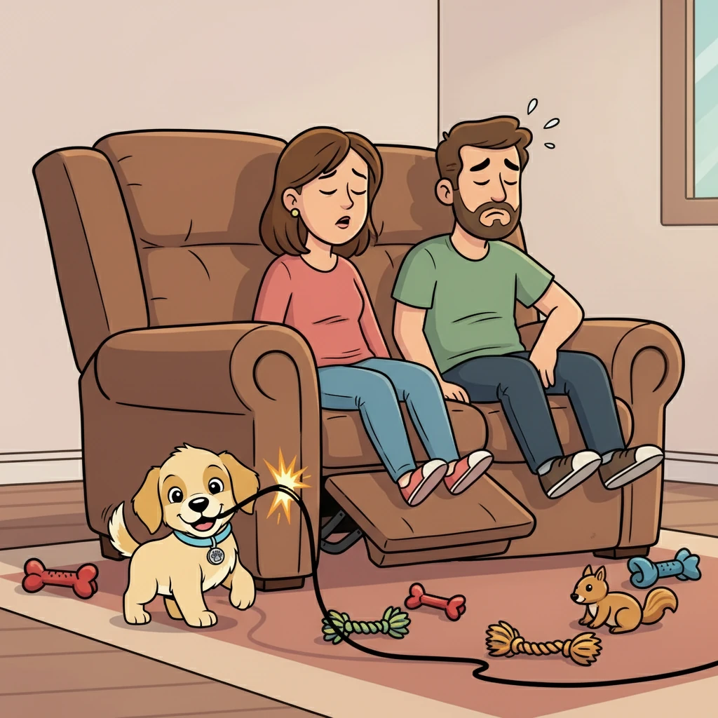 Next, Harley spotted a tempting electric wire dangling near the recliner couch. Ignoring the many chew toys scattered around, he took a quick bite, enjoying the odd taste. A spark, a pop, and the recliner stopped working! Kathy and Brian sighed.