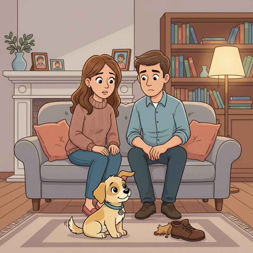 One evening, Kathy and Brian sat on the couch, looking at Harley. They explained patiently, again, that chewing on the furniture was not okay. Harley looked at them, then at a nearby slipper, then back at them, ears perked. He wagged his tail, seemingly trying to understand.