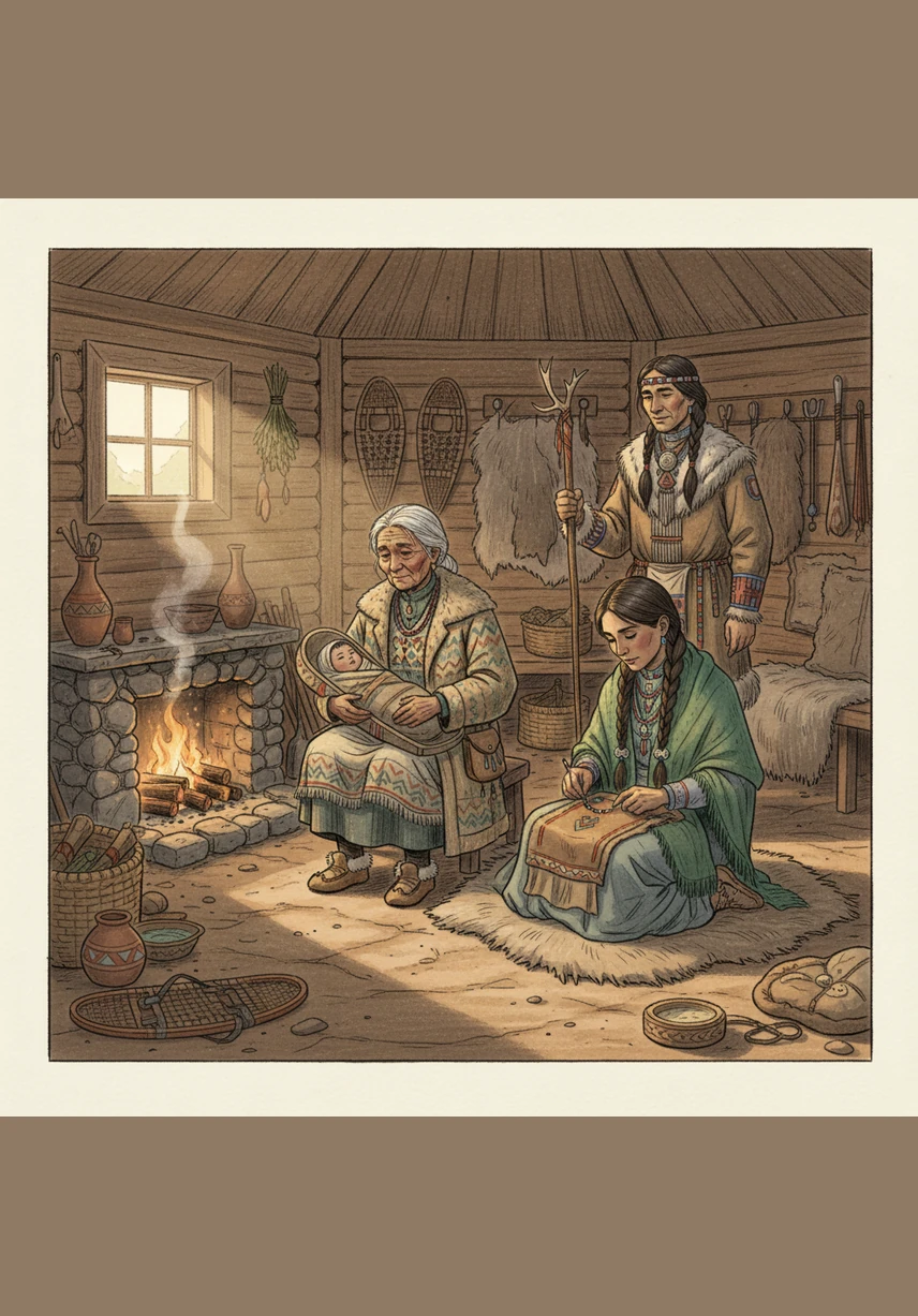 T’änis wakes as the first light touches the surface of Cold Lake, turning the water to a shimmering silver. Grandmother is already by the hearth, the soft scent of spruce needles and morning tea filling the small, warm house with a sense of peace.