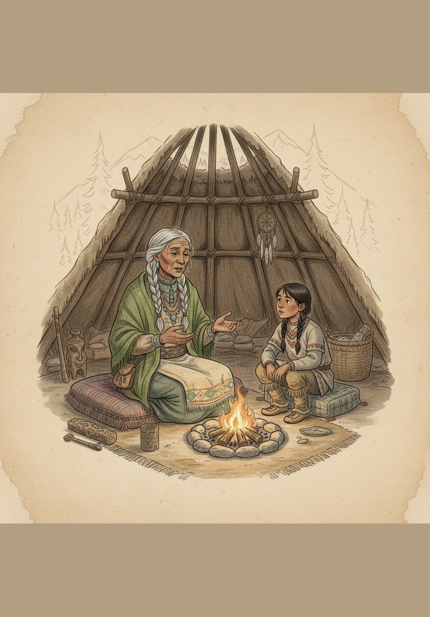 They eat together in a comfortable silence that says more than words ever could. T’änis watches Grandmother’s steady hands as she packs a small pouch of dried meat, learning the rhythm of care and the quiet importance of preparation for the day ahead.