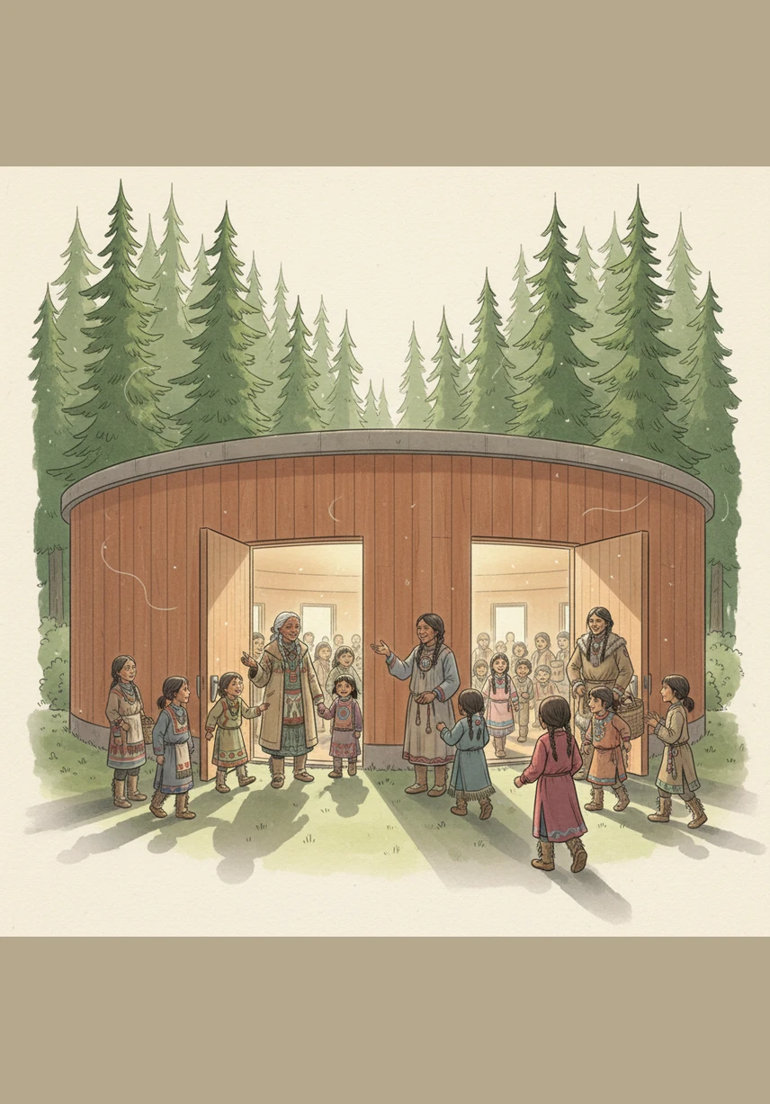 The school house is a beautiful circle of cedar and light, where the doors stay open to the scent of the surrounding pines. There is no rush here, only the gentle hum of children gathering like birds returning to a familiar and safe branch.