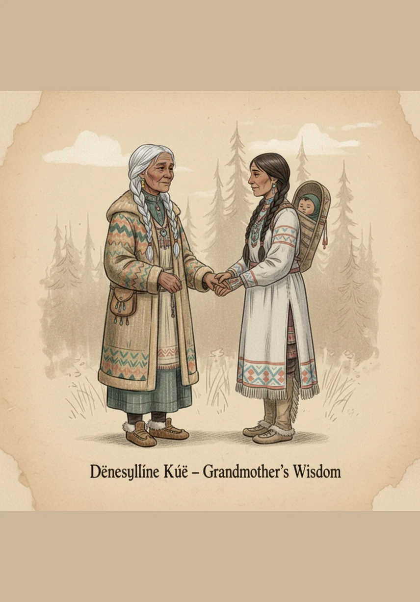 As the sun begins to dip towards the trees, T’änis walks home with a heart full of the day’s quiet wisdom. She sees her father returning from the woods and they share a nod of recognition, two parts of a whole family rooted deeply in the same earth.
