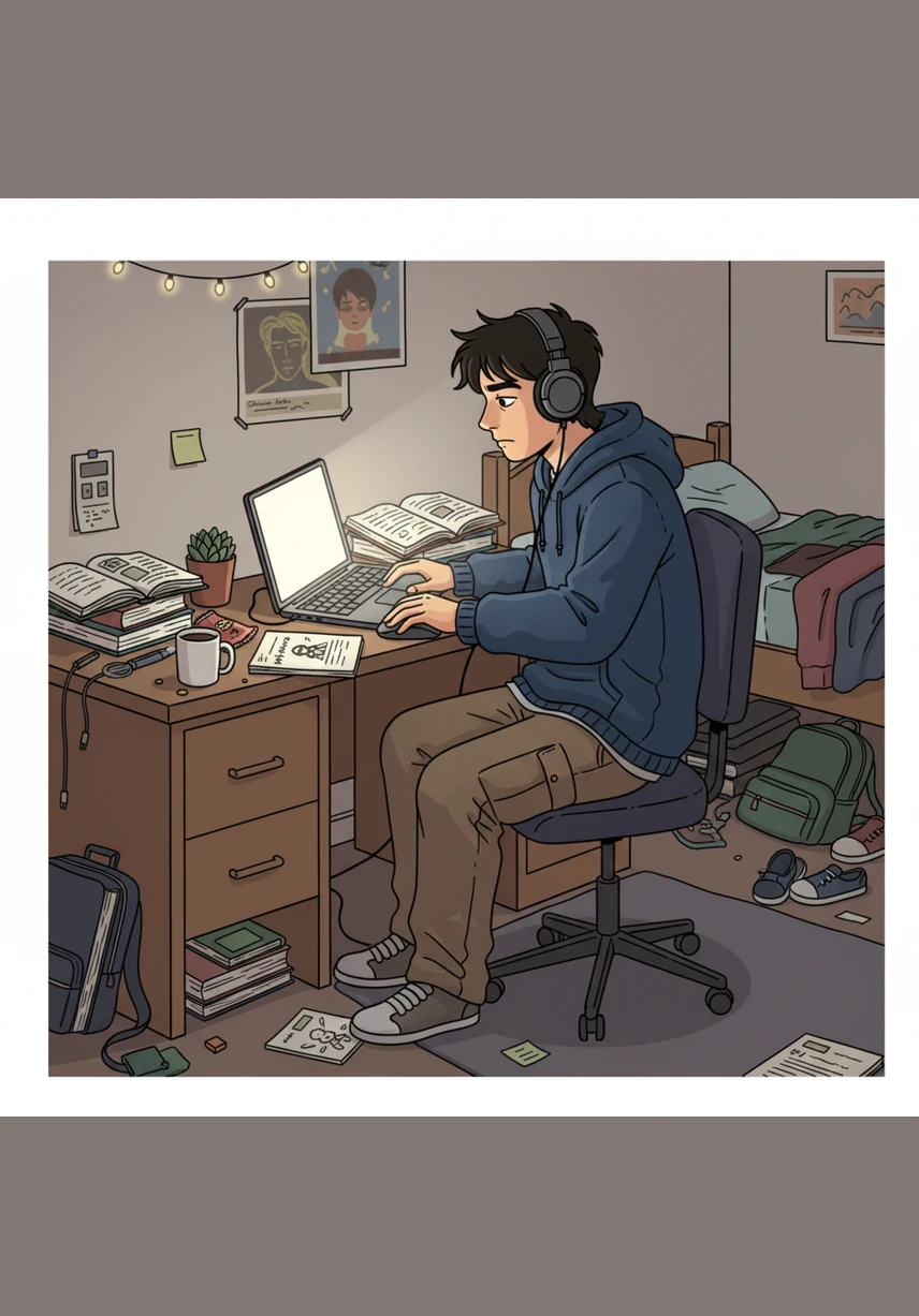 Leo sits in front of a glowing computer screen in his messy dorm room, staring at a blinking cursor on a blank document. His desk is covered in crumpled papers and empty coffee mugs, reflecting his growing frustration with writer's block.