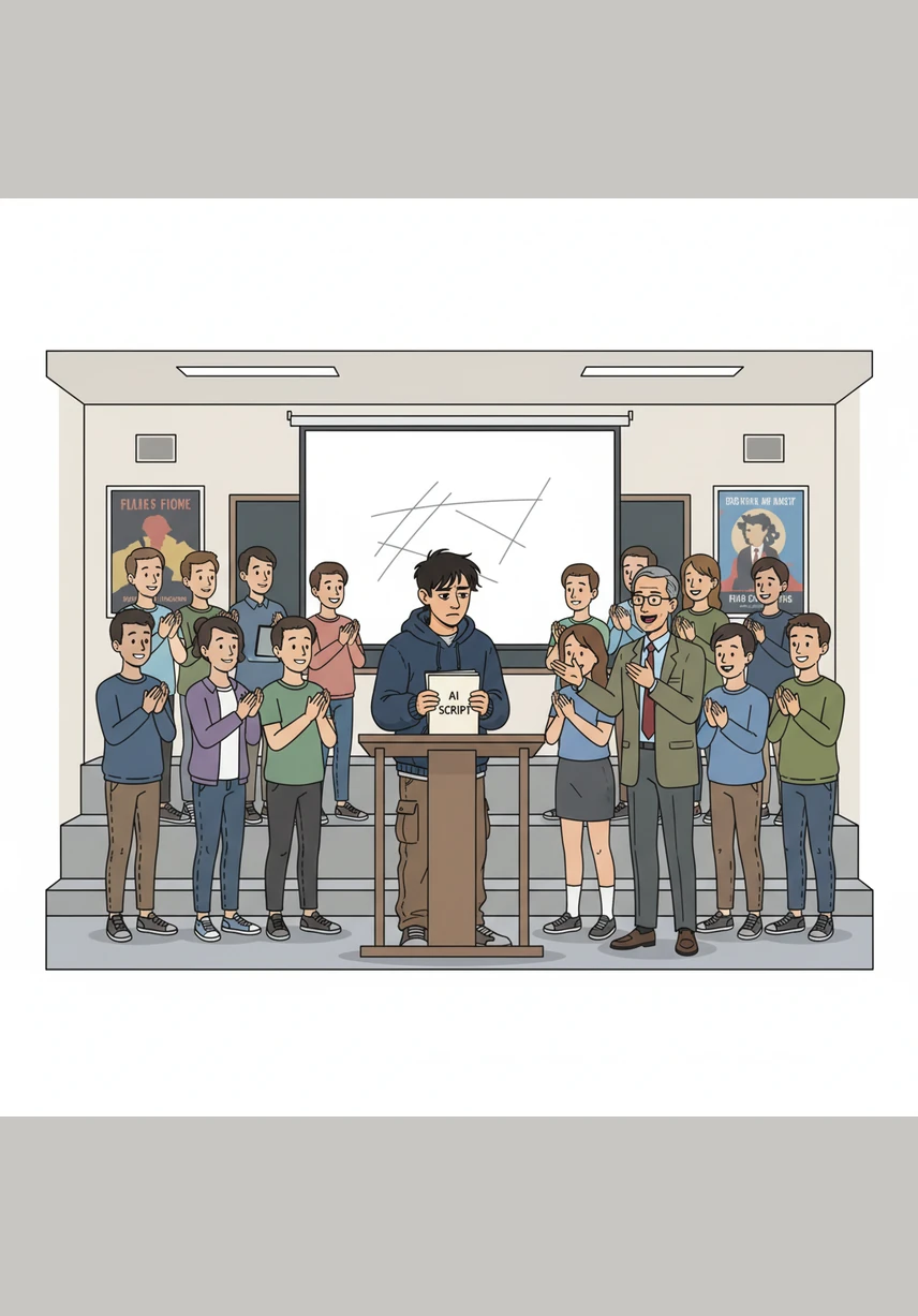 Leo presents the AI script to his film class, and the room erupts in applause while his professor praises the sophisticated structure. Despite the success, Leo feels like a fraud, standing in the spotlight for a story that doesn't belong to him.