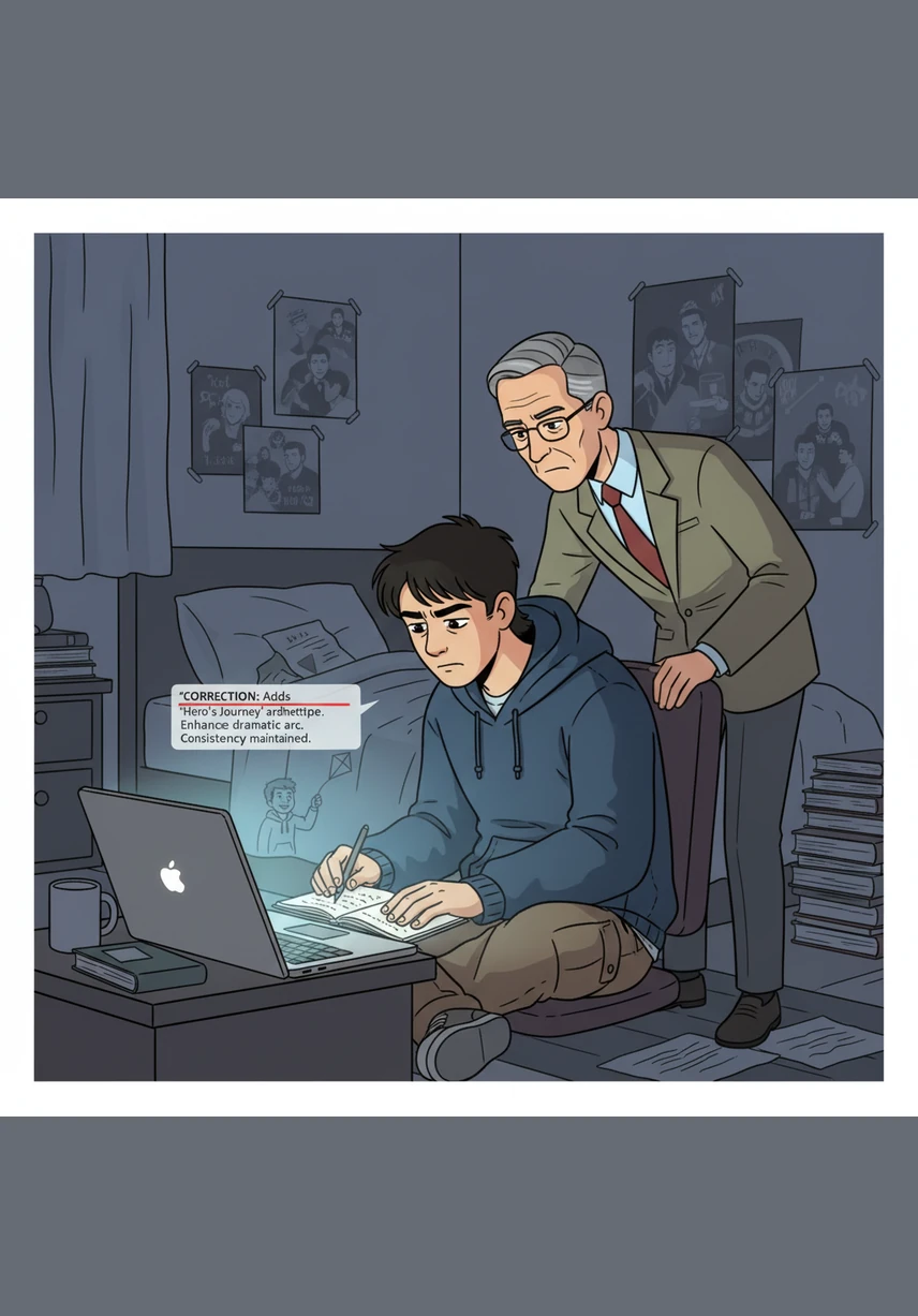 Back in his room, Leo tries to tweak the script to add a personal memory of his grandfather, but the AI keeps 'correcting' his inputs to maintain its perfect logic. He realizes the machine prefers efficiency and tropes over the messy, beautiful reality of human emotion.