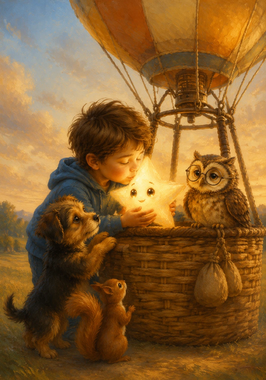 Together with all their new friends—Oliver, Bella, Milo, and the squirrel—they carefully lifted Nova into the balloon's cozy basket. Luca gave the little star one last gentle nuzzle, feeling a little sad but very proud, knowing this was Nova's way home.