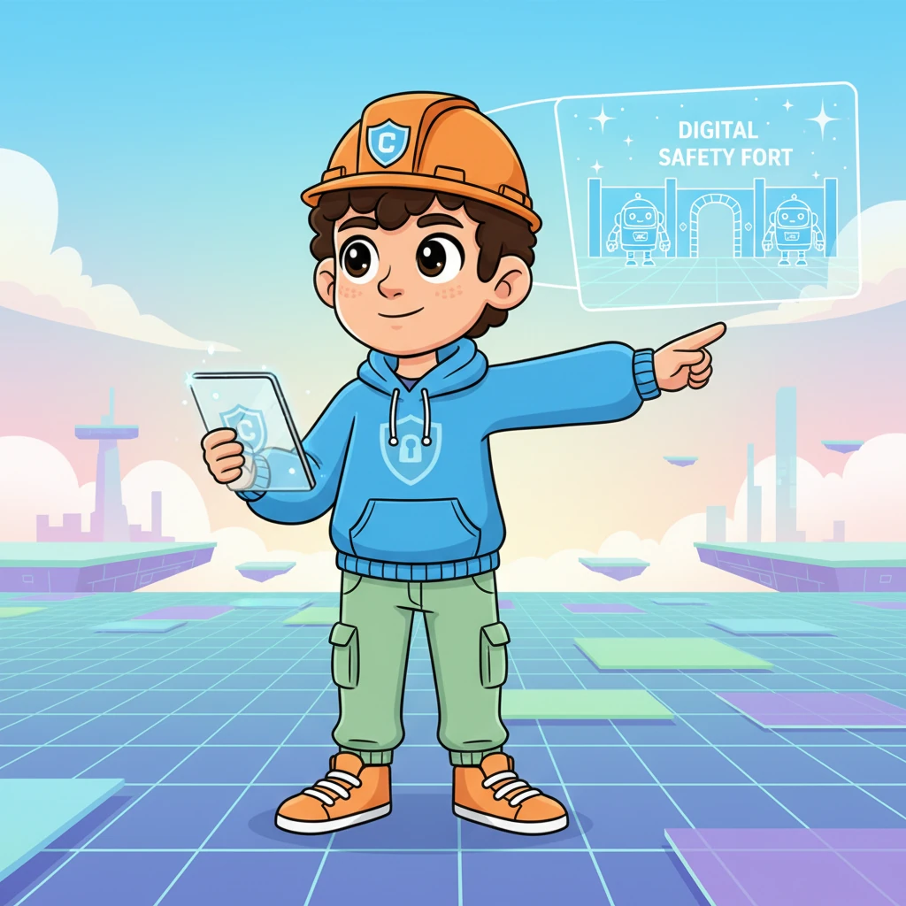 Cody the Coder, a little character with a spark in his eye and a tiny hard hat, stood before a vast, empty digital landscape. He had a big dream: to build a super-duper "Digital Safety Fort" where all his online friends could play happily and securely. He imagined sparkling walls and friendly robots guarding every corner.