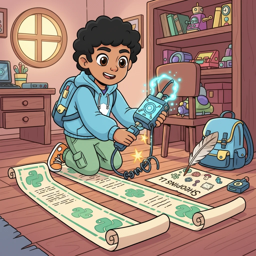 First, Cody needed his trusty tools! He unrolled ancient-looking "Python Scrolls" and plugged in a whirring "Aiogram Amplifier," making sure they were ready for action. He also scribbled a long "Shopping List" of all the magical ingredients he'd need for his fort.
