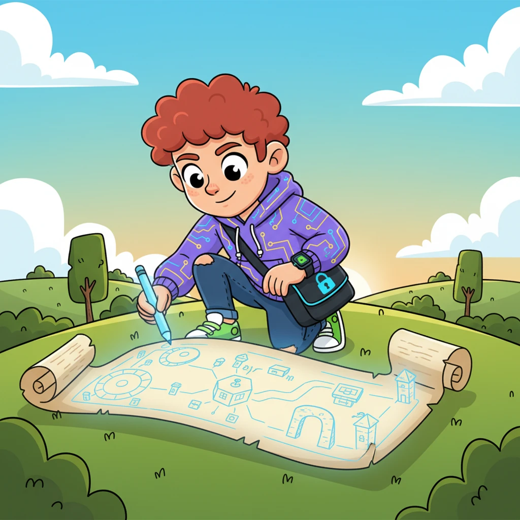 With a deep breath, Cody began drawing the "Grand Blueprint" for his fort, a giant, glowing scroll that would be its heart and soul. This master plan showed where every room and pathway would go, ensuring everything worked perfectly together. He carefully drew the main entrance and the central control tower.