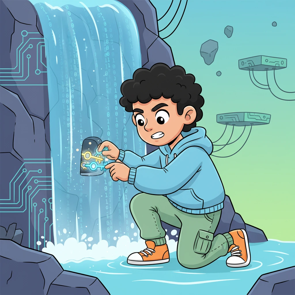 Cody then built a tiny, secret compartment, the "Hidden Safe," tucked away behind a digital waterfall. Inside, he carefully placed his most important "Secret Keys," making sure they were completely invisible to anyone but him. This protected the fort's most valuable treasures.