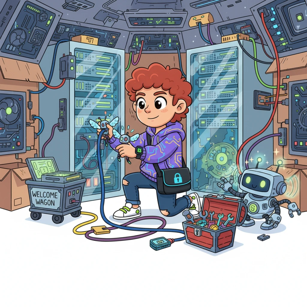 With all the parts built, Cody worked tirelessly to connect every wire and activate every circuit. He linked the Welcome Wagon to the Memory Vault, and the Supervisory Sprites to the Toolbox Treasury. His fort's friendly bot whirred to life, ready to help and protect.