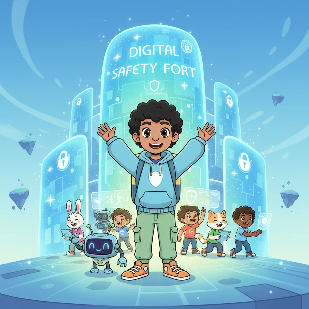 Finally, the "Digital Safety Fort" stood tall and bright, a beacon of fun and security in the digital world. Cody and his cheerful bot friend waved happily as other little characters safely played games and shared stories within its sparkling walls, all thanks to Cody's clever coding.