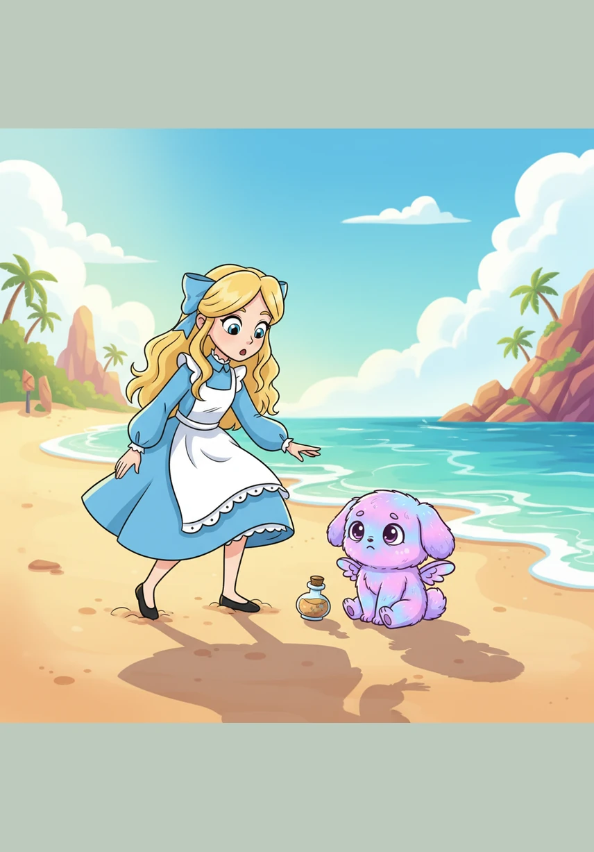 When she stood up to take a refreshing dip in the ocean, something unusual caught her eye near the shoreline. A tiny, fuzzy creature was slowly emerging from the rolling white waves, its bright fur shimmering against the blue water.