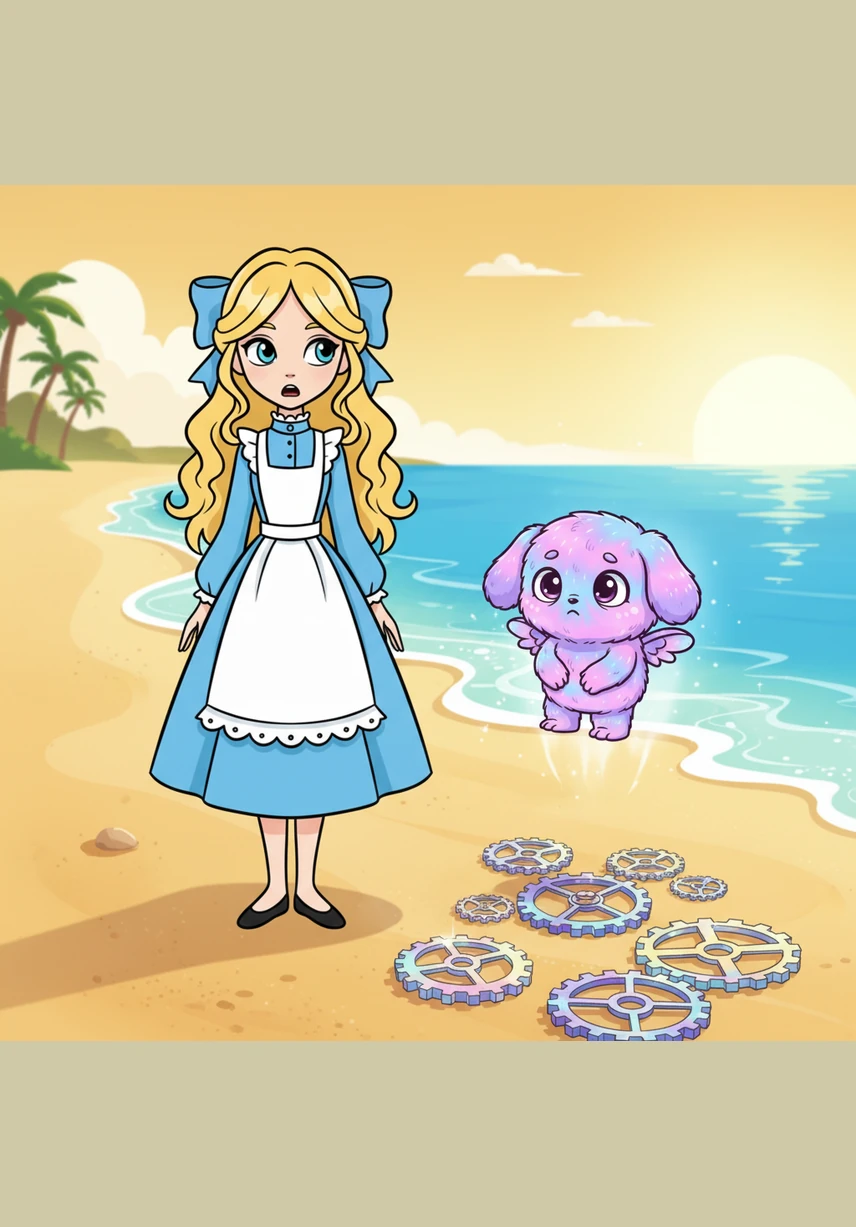 Charlotte froze in surprise, her eyes wide as she watched the little creature step onto the sand. It was a vibrant mix of neon pink, purple, and blue, with two tiny wings, soft ears, and big, curious eyes that looked back at her with a mix of wonder and worry.