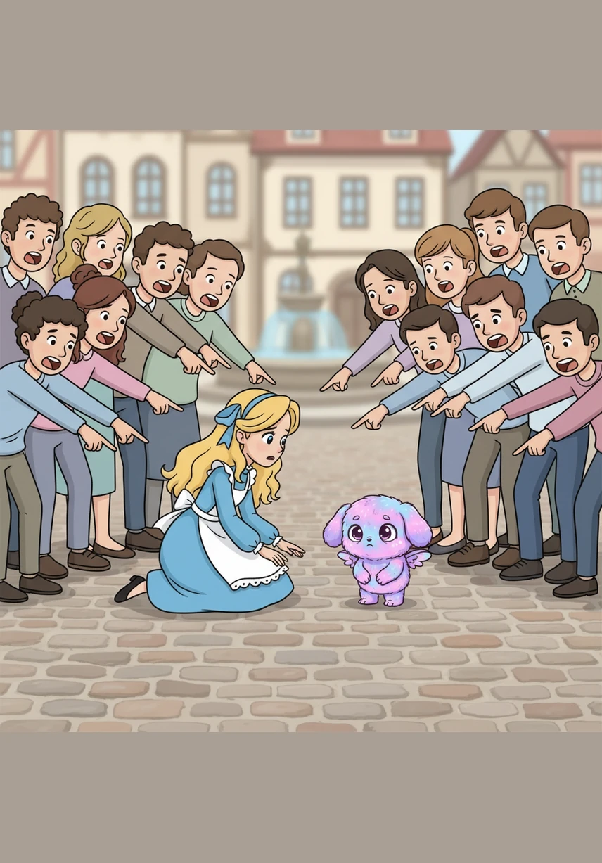 As Charlotte knelt down to get a closer look, a crowd of people rushed over to see the strange and beautiful visitor. Everyone began shouting and pointing, exclaiming how cute the creature was, but the sudden noise and attention made the little monster tremble with fear.