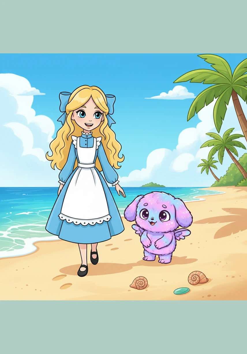 Charlotte led Seashell across the soft sand to a perfect spot near the water's edge to play. She suggested they build a magnificent sandcastle together, but Seashell looked down at the ground, feeling a bit confused and unsure of what to do.