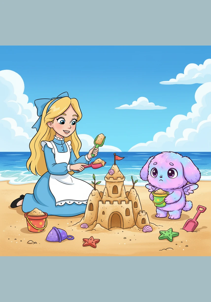 Seashell whispered in a very soft voice that she had never built a sandcastle before and didn't know how to start. Charlotte kindly offered to be her teacher, showing Seashell how to dig a deep hole and use the damp sand to create strong walls.