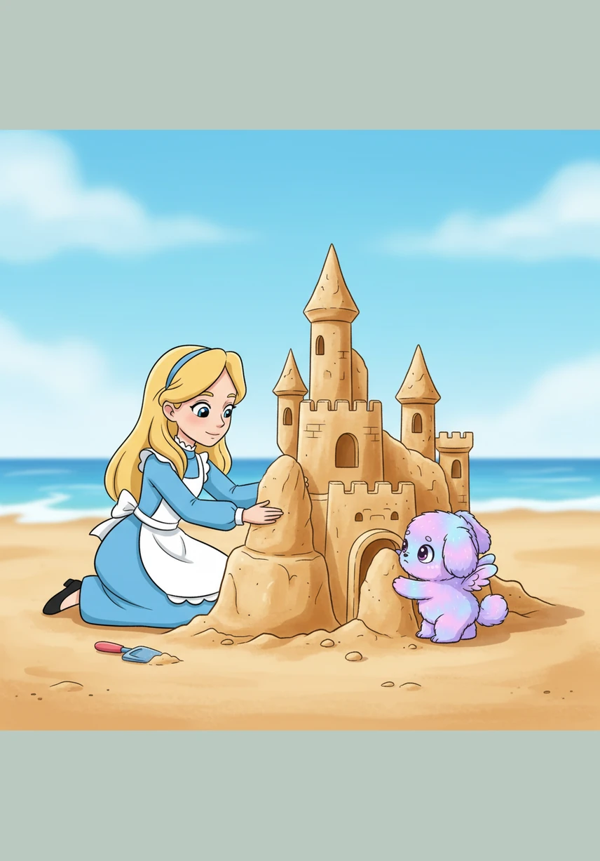 With Charlotte's patient guidance, Seashell began to use her little arms to shape the towers and smooth out the sides of their creation. They worked carefully together, patting the sand into place until a grand, tall castle began to rise from the beach.