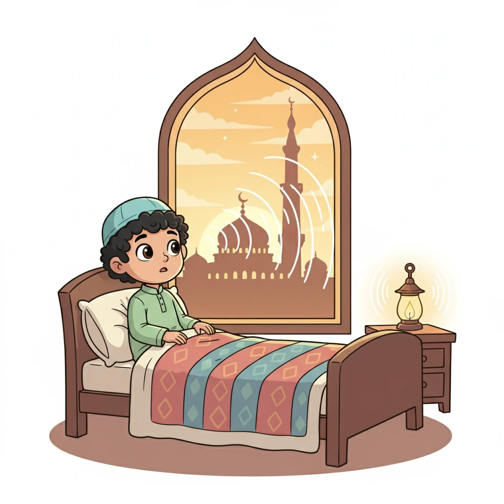 اچانک، بلال نے ایک خوبصورت آواز سنی۔ یہ اذان کی آواز تھی، جو مسجد سے آ رہی تھی۔ آواز اتنی پیاری تھی کہ بلال کی نیند ٹوٹ گئی اور وہ حیران رہ گیا۔