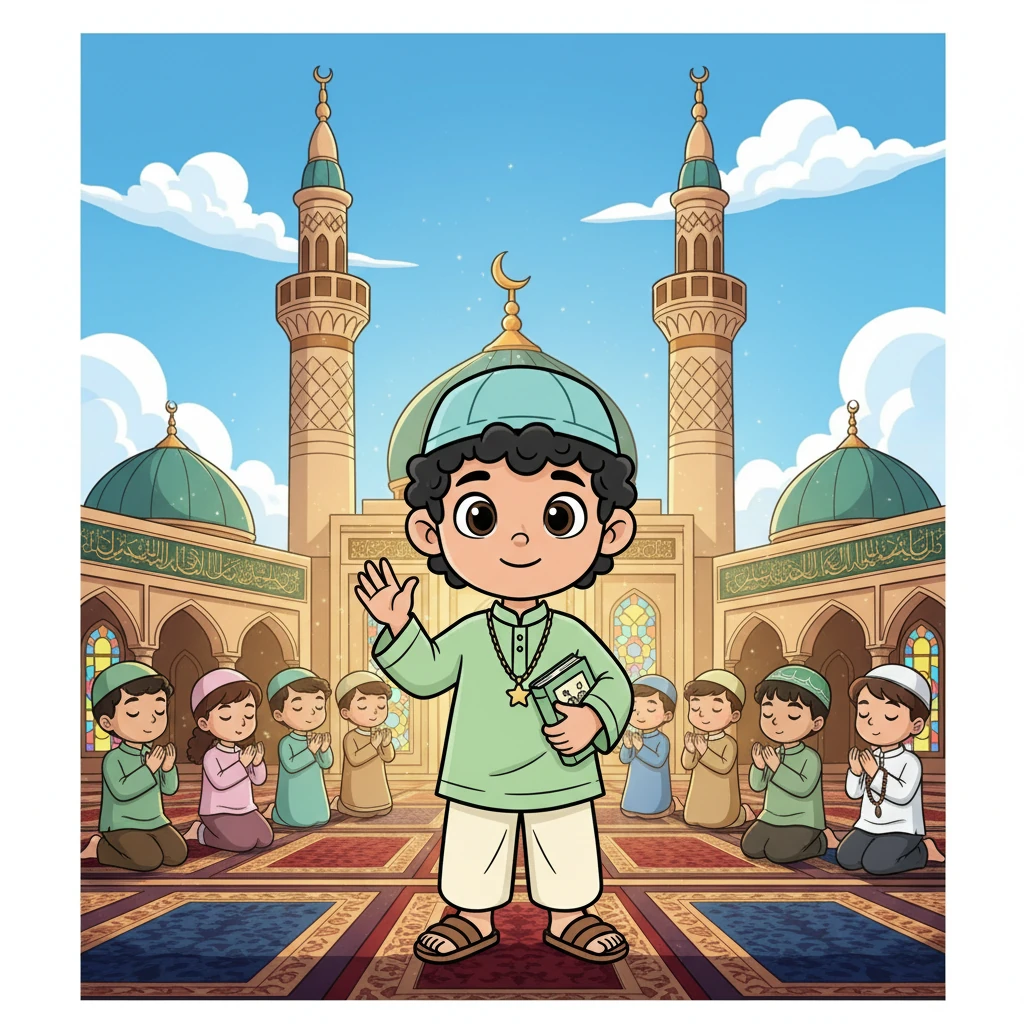 اس نے دیکھا کہ وہ ایک خوبصورت مسجد کے سامنے کھڑا ہے، جس کے مینار آسمان کی طرف اٹھے ہوئے ہیں۔ روشنی ہر طرف پھیلی ہوئی تھی، اور فرش پر نرم قالین بچھے ہوئے تھے۔ وہاں بہت سے بچے دعا میں مصروف تھے۔