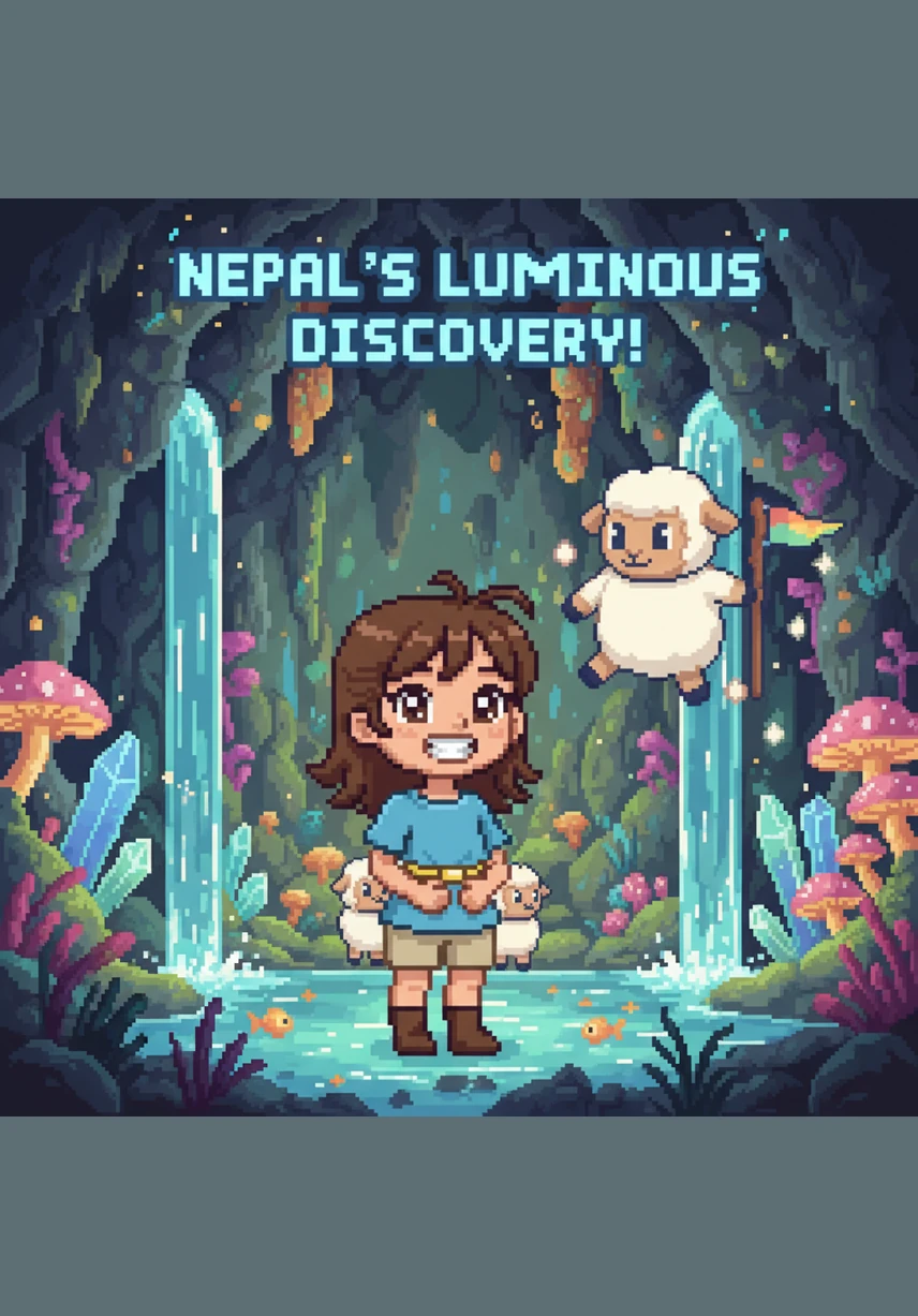 Lila gathered a few of the magical petals and playfully tossed them toward Nepal. The sheep leaped with excitement, his happy bleats mixing with Lila’s bright, ringing laughter in the magical grotto.