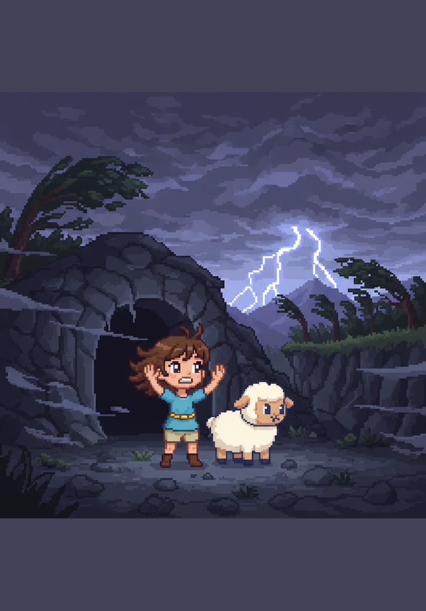 As they left the cave, the sky suddenly bruised with heavy, dark clouds and the air grew cold. A powerful storm began to brew, with lightning flashing across the peaks and wind howling through the trees.