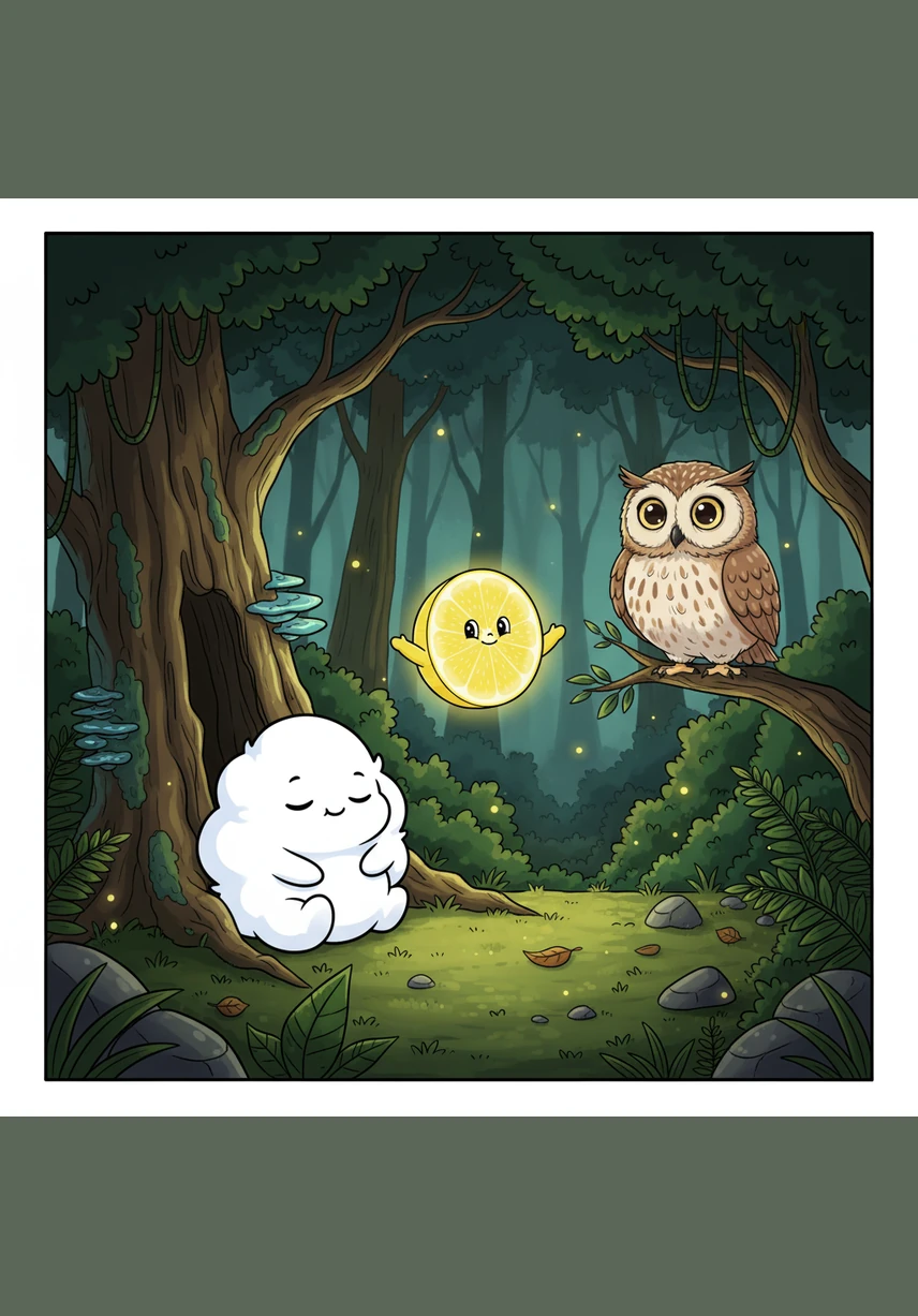 In a deep green forest, Pip meets a wise old owl waking up for the night. The owl hoots a soft, slow melody that makes Pip feel very relaxed and sleepy.