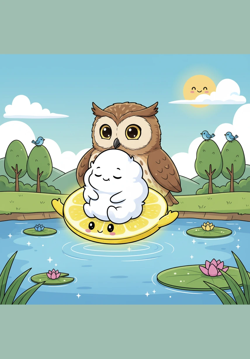 Pip glides over a quiet, sparkling pond where silver fish jump and splash. The cool water reflects the sky, making Pip feel like he is swimming in a giant, blue mirror.