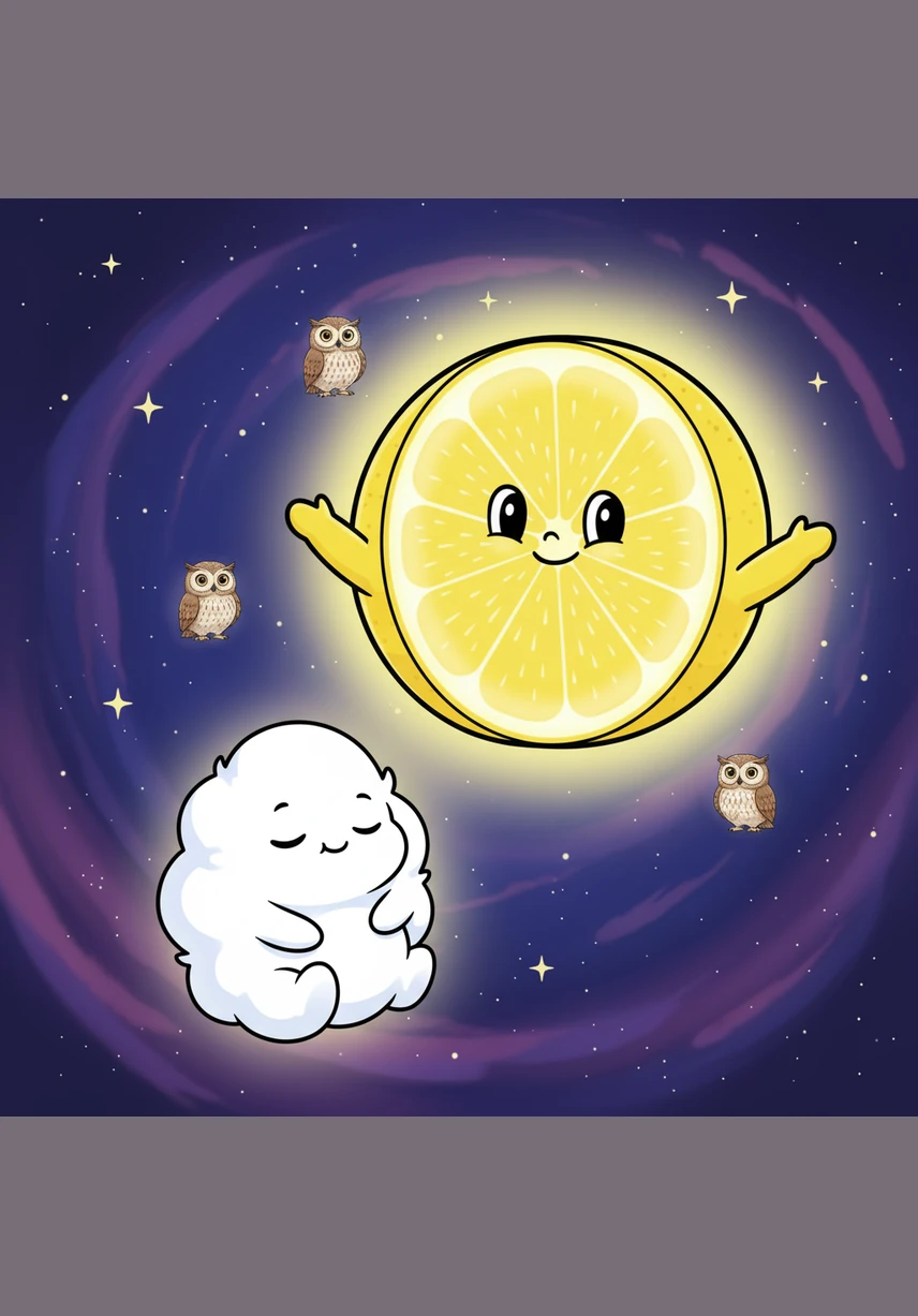 Pip meets the big, glowing moon who looks like a giant, friendly slice of lemon. The moon gives Pip a gentle hug of silvery light, making him feel warm and safe.
