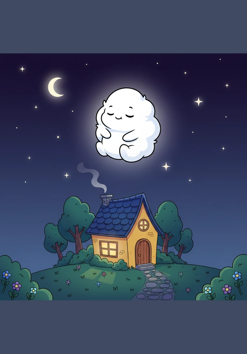 Pip floats down toward a small house with a warm, golden light shining from a bedroom window. He peeks inside and sees a soft, cozy bed waiting for a sleepy friend.