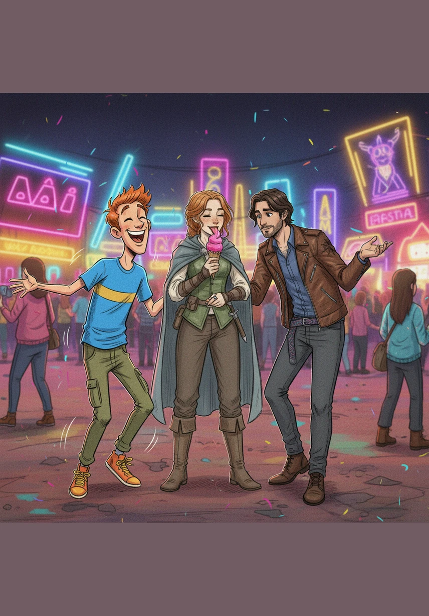 Whether they are at a loud festival or a neon-lit rave, the group celebrates their true selves together. Sarah licks her favorite pink ice cream cone while Adam bounces with ADHD energy and Andy offers his refreshingly honest observations, all of them existing in a space of pure acceptance.