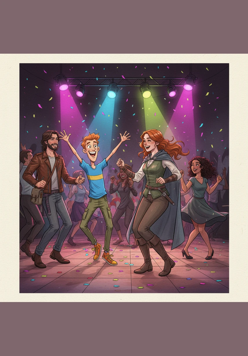 Under the glowing neon lights of the dance floor, the whole group moves to their own unique rhythms. Sarah laughs brightly, her denim jacket swaying as she enjoys her ice cream, finally feeling the freedom of being exactly where she belongs without any mask at all.