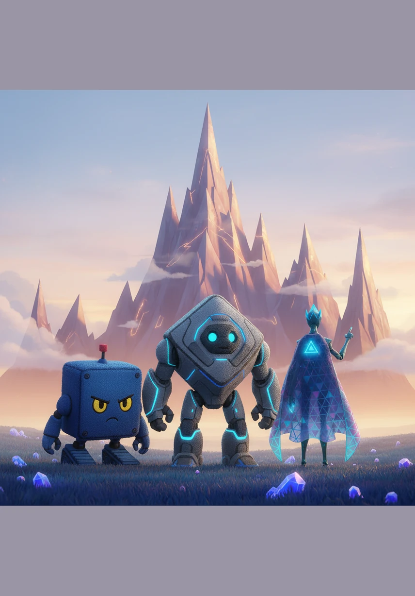 Suddenly, on the far horizon, the friends spotted strange, sharp peaks they had never seen before. These unknown shapes seemed to reach up and touch the clouds with their three sharp, pointed vertices, shimmering in the distant sunlight.