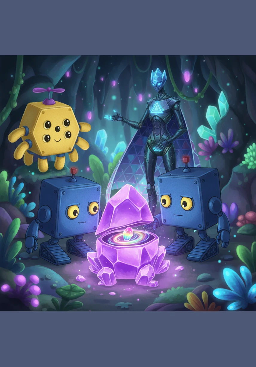 Curious and brave, Squary suggested they go on an adventure to see who lived in those mysterious, pointy mountains. The four friends packed their bags and set off together, marching across the flat, geometric plains toward the unknown peaks.