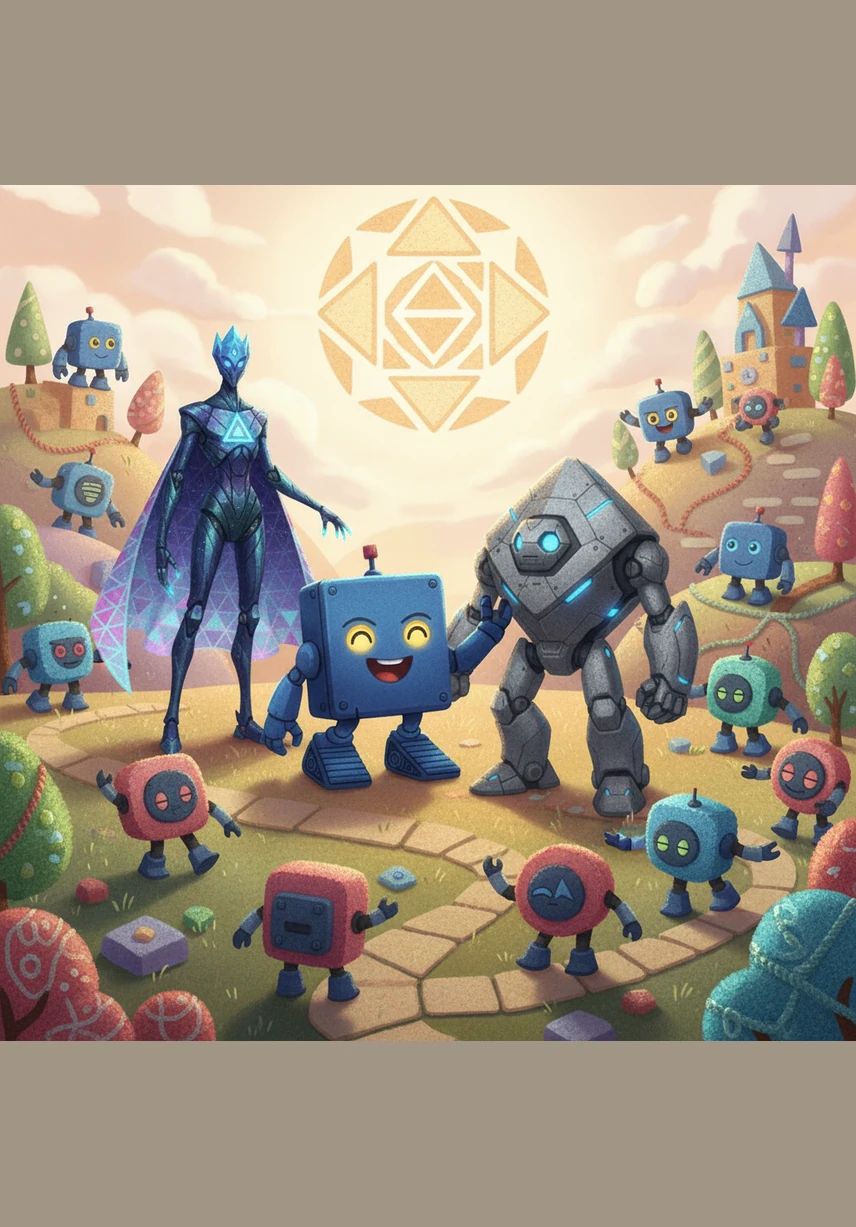 From that day on, the two lands became one vibrant kingdom where every angle and side was celebrated. Squary looked around at his new friends and realized that the world is much more interesting and beautiful when different shapes come together to build a future.