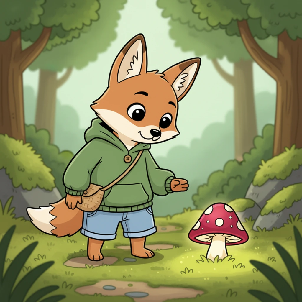 As he padded along a mossy path, a vibrant red mushroom caught his eye. It stood out like a tiny crimson hat against the green ground. Jasper tilted his head, a curious glint in his cartoonishly large eyes.