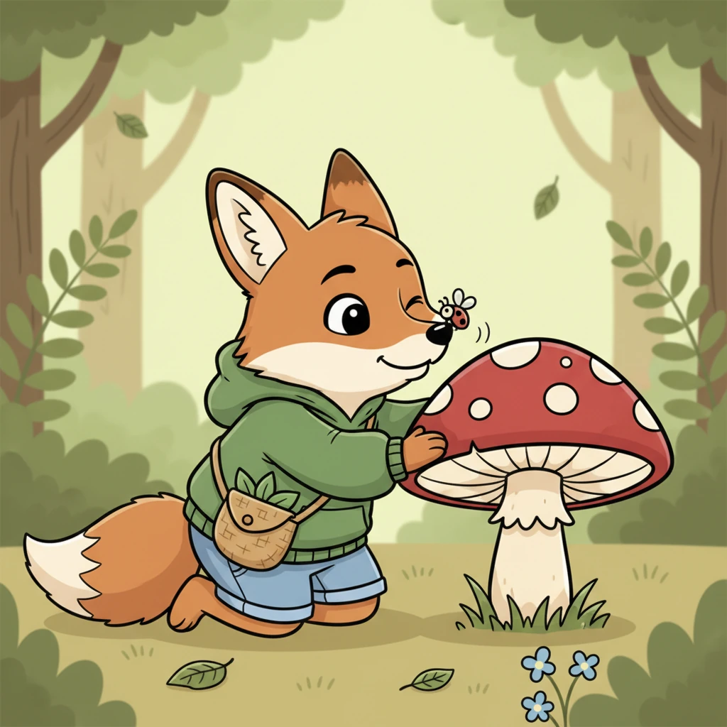 With a playful nudge of his nose, Jasper gently sniffed the mushroom, careful not to disturb it. A tiny ladybug, startled, fluttered from its cap and landed on his snout, making him blink in surprise. He let out a soft, happy huff.