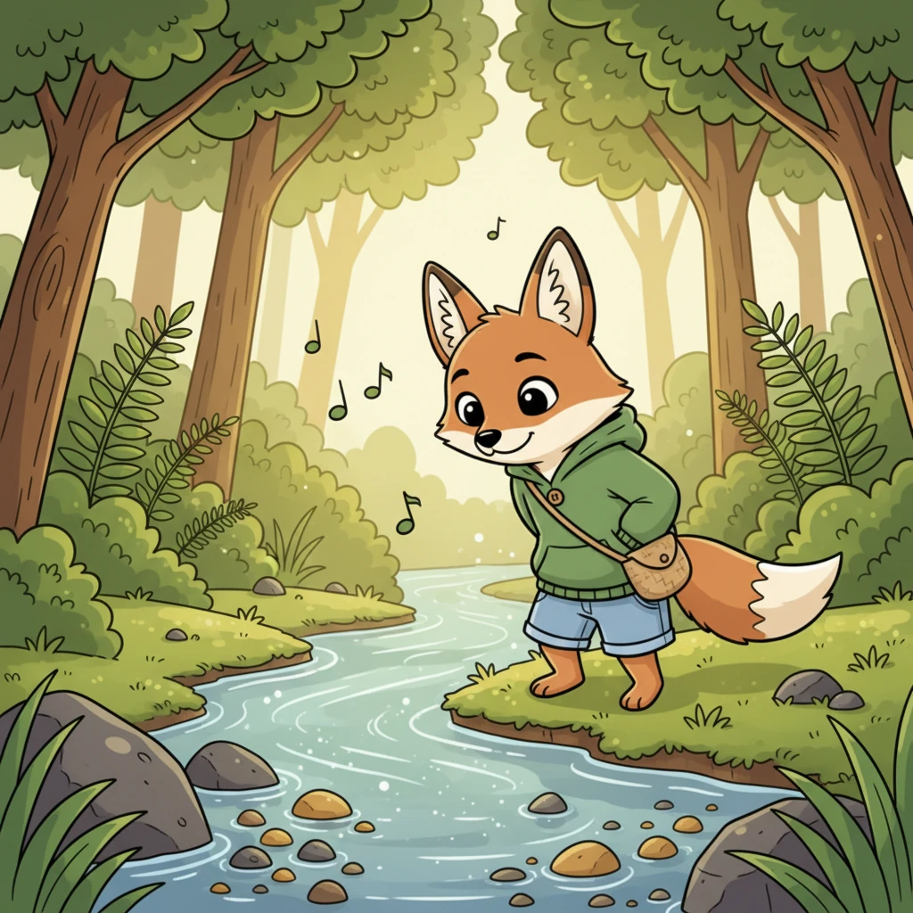 Further along, a sparkling stream gurgled cheerfully, inviting Jasper closer. He paused at its edge, admiring the smooth, round pebbles at the bottom. The sound of flowing water was a soothing melody in the quiet woods.