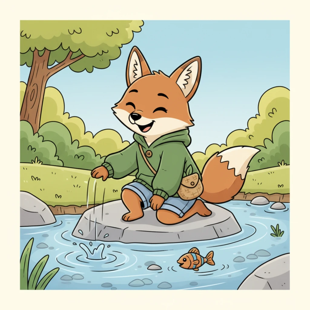 He dipped a paw into the cool, clear water, sending playful ripples across the surface. A tiny fish darted past his toes, tickling him slightly. Jasper chuckled softly, enjoying the refreshing splash.