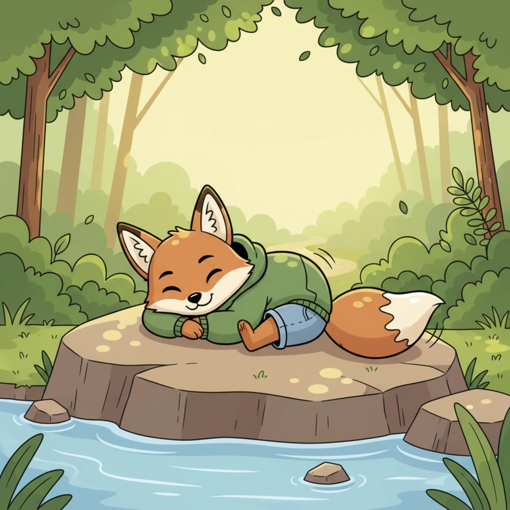 Finding a wide, sun-warmed rock beside the stream, Jasper decided to take a short break. He curled up, his tail wagging a slow, content rhythm. The sunlight filtered through the leaves, creating dancing patterns around him.