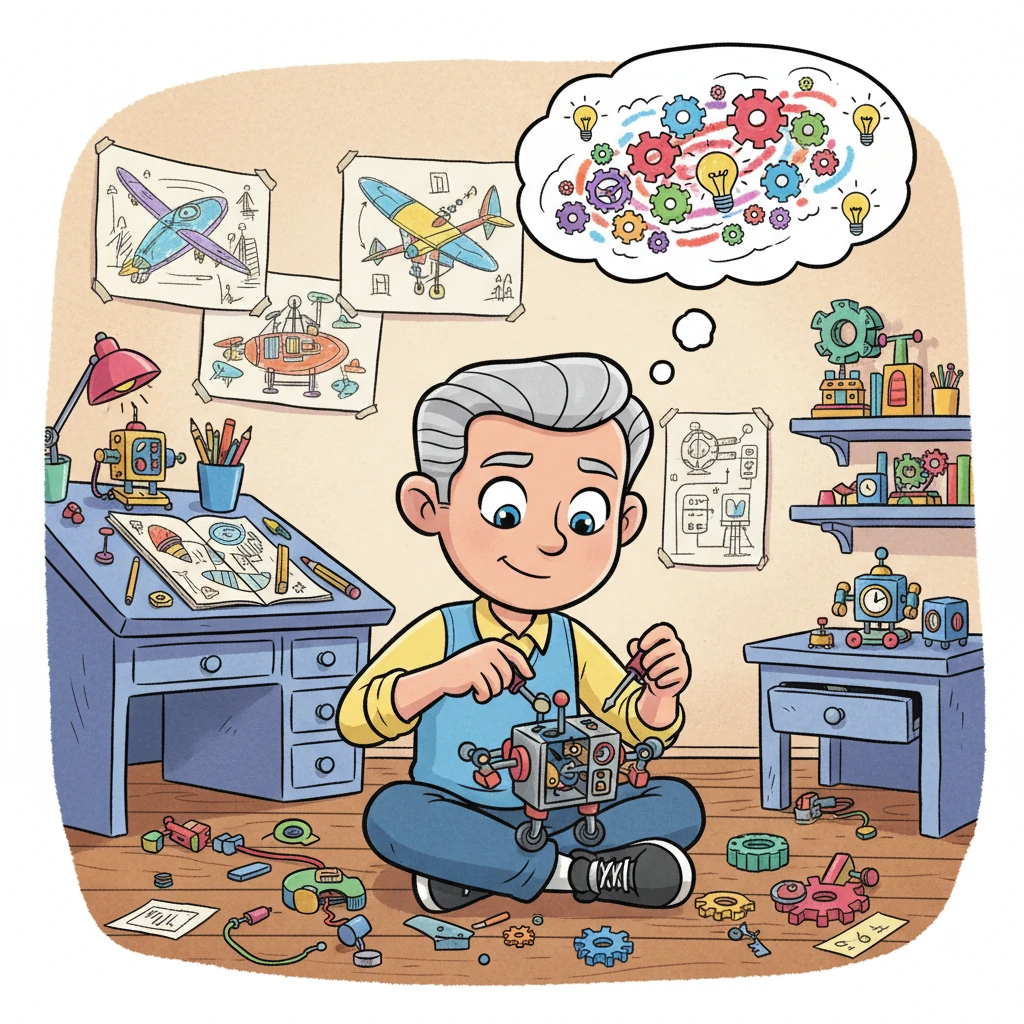 As Dexter grew, his drawings became more detailed, and his curiosity about how things worked grew even bigger. He spent hours tinkering with toys, taking them apart and putting them back together, always learning something new. His mind was a bustling workshop of ideas, ready to be built.