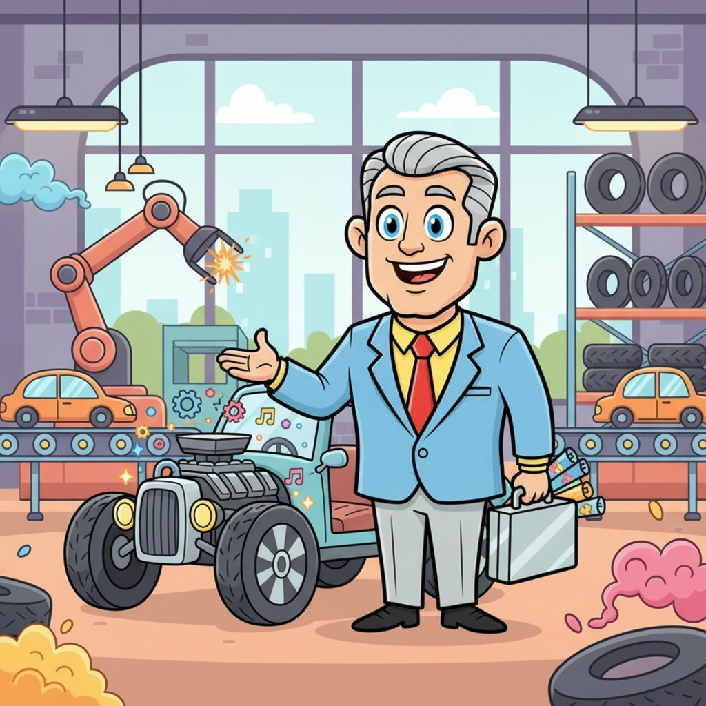 Soon, Dexter found himself working at a giant car factory, a place filled with whirring machines and the exciting smell of metal and oil. He was a young engineer, brimming with fresh ideas, eager to make cars even better and more exciting. He wanted to add a sprinkle of fun to every wheel and engine.