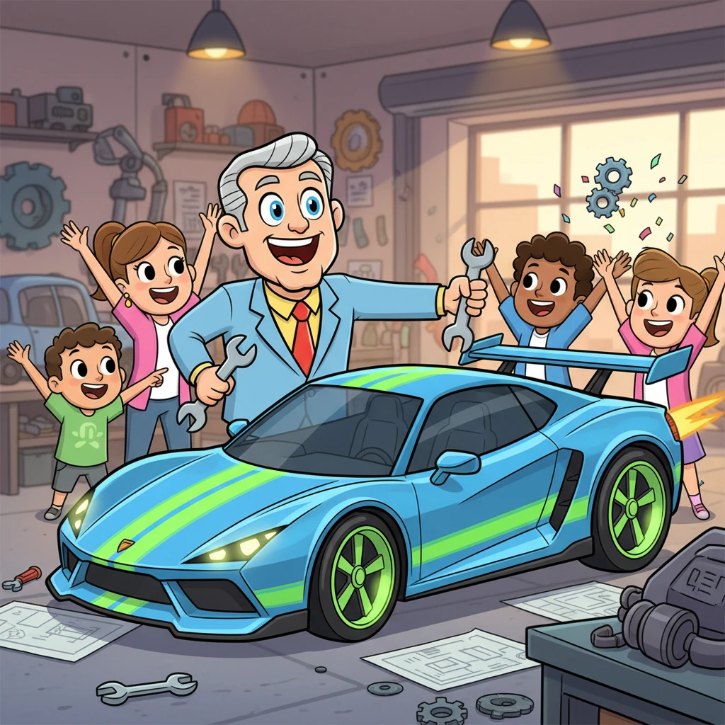 One day, Dexter had a brilliant idea for a new kind of car, one that was super cool and sporty, perfect for fun adventures. He worked tirelessly, sketching, building, and refining until his vision came to life. Everyone cheered when the 'Speedy Comet' rolled out, a car that made hearts race!