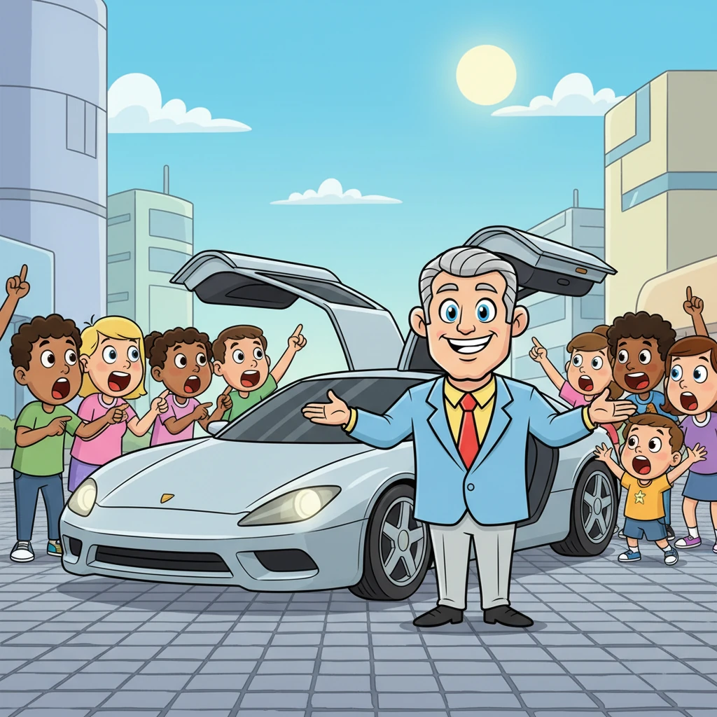 Finally, after much hard work and countless designs, Dexter's ultimate dream car was ready! It was a sleek, shiny marvel with unique doors that opened upwards like a bird's wings, ready to take flight. Its futuristic look made everyone gasp in wonder and excitement.