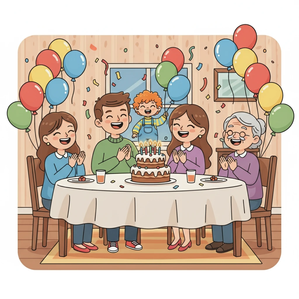 יום הולדת שמח! בלונים צבעוניים מעטרים את הבית, עוגה גדולה עם נרות בוערים. כל המשפחה יחד, צוחקים ושרים שירי יום הולדת. אור, התינוק, מחייך מאושר בחיק הוריו.