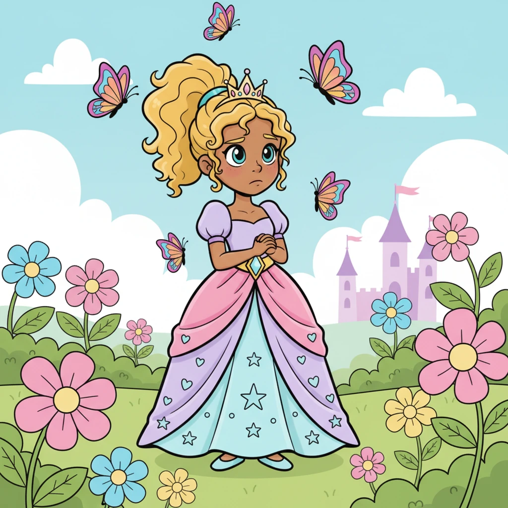 Princess Petunia, in her brightly colored castle garden, looks out with a small frown despite the sunshine. She loves her kingdom but often wished she could be just a little bit more, well, perfect. Her simplified features show a hint of wistfulness, even as butterflies with exaggerated wings flutter around her.