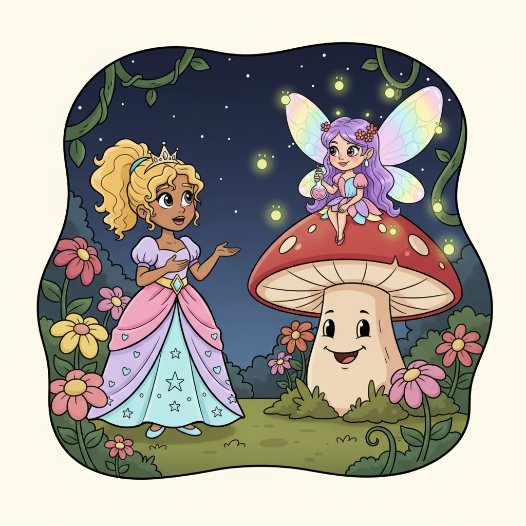 Deep within a clearing, she found Fizzwick, a tiny fairy with a mischievous grin and wings that shimmered like a rainbow. Fizzwick sat atop a giant, smiling mushroom, surrounded by glowing fireflies. Petunia, with a hopeful expression, explained her longing to be utterly, wonderfully perfect.