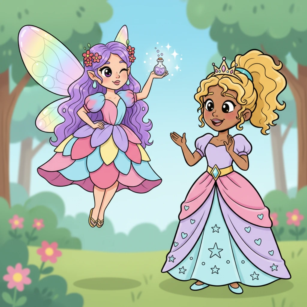 Fizzwick listened, her head tilted, then winked playfully. With a flourish, she produced a small, bubbling vial filled with a potion that sparkled like captured starlight. "This," she chirped, "will make you perfectly perfect!" Petunia’s eyes widened with excitement, her face aglow with anticipation.